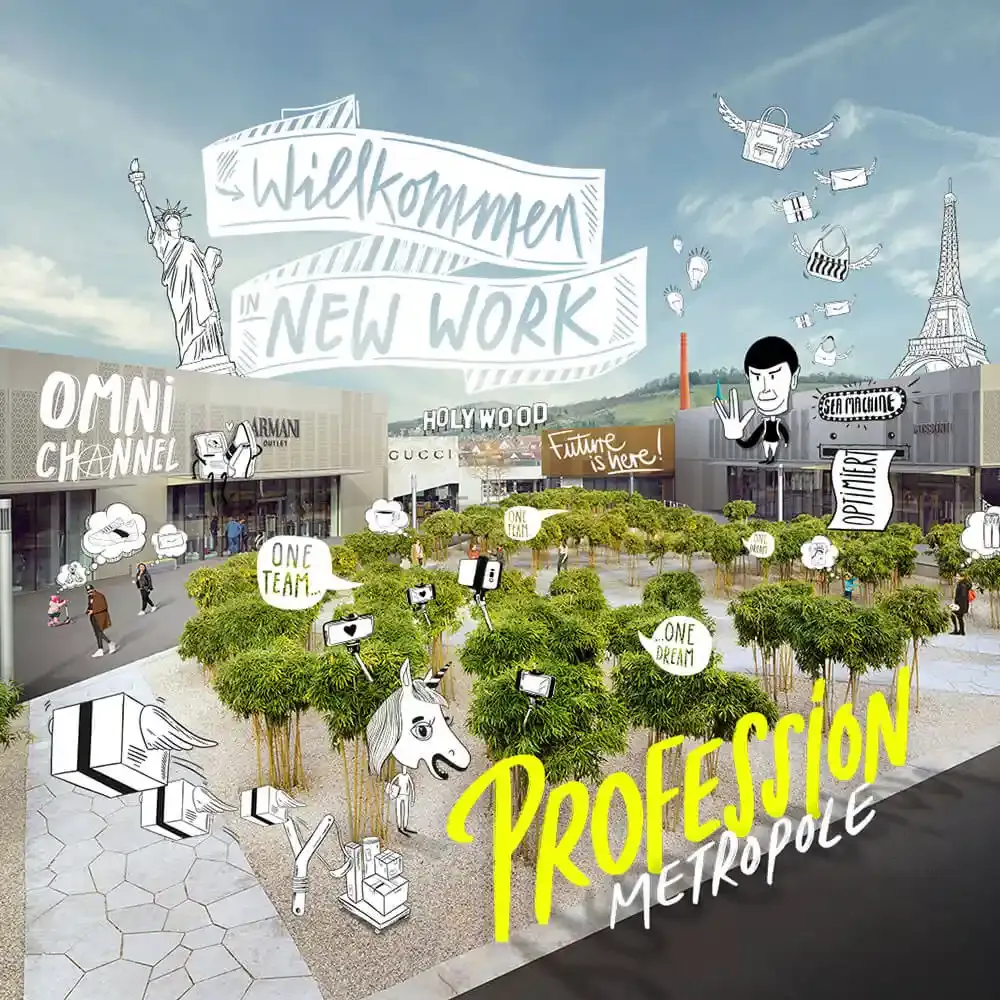 Projektpreview des Case Outletcity Metzingen. Zu sehen: Imagemotiv des Outlets mit kleinen Illustrationen versehen.