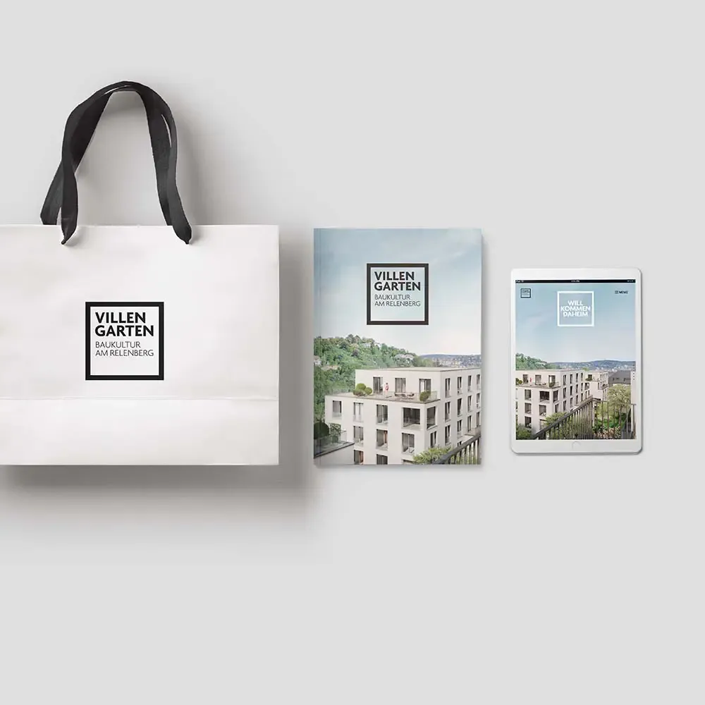 Projektpreview Case Villengarten von Epple Immobilien. Zu sehen: Marketing Material: Tasche, Websitedesign und Broschüre